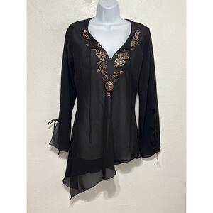 VTG Y2K Millenium Sheer Asymmetrical Floral Embroidered Top M Fairy Boho Witchy
